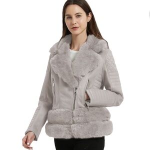 Giolshon Women's Faux Suede Leather Faux Fur Coat with Faux Fur Collar with belt
